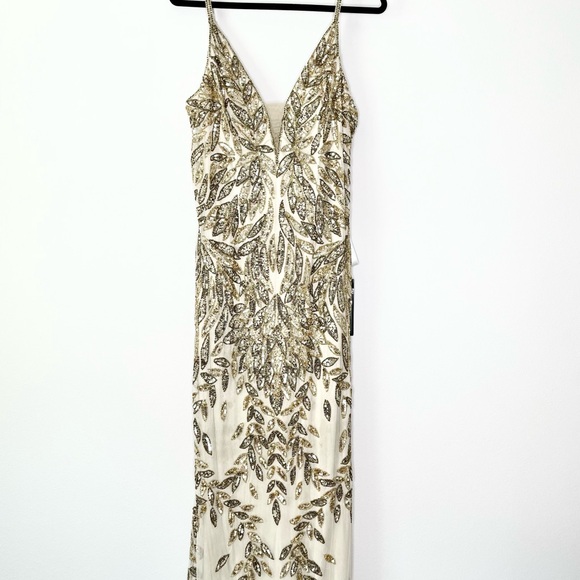 NWT Mac Duggal Embellished Leaf Evening Gown Nude Gold - Picture 5 of 7